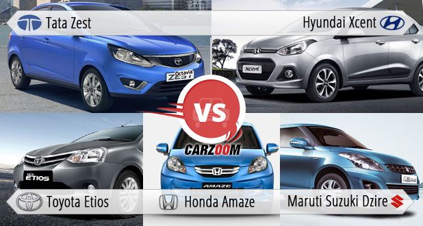 Tata Zest vs Hyundai Xcent vs Toyota Etios vs Maruti Suzuki Dzire vs Honda Amaze