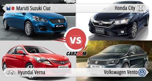 Comparison of Volkswagen new Vento vs Maruti Ciaz vs Honda City vs New Hyundai 4S Fluidic Verna